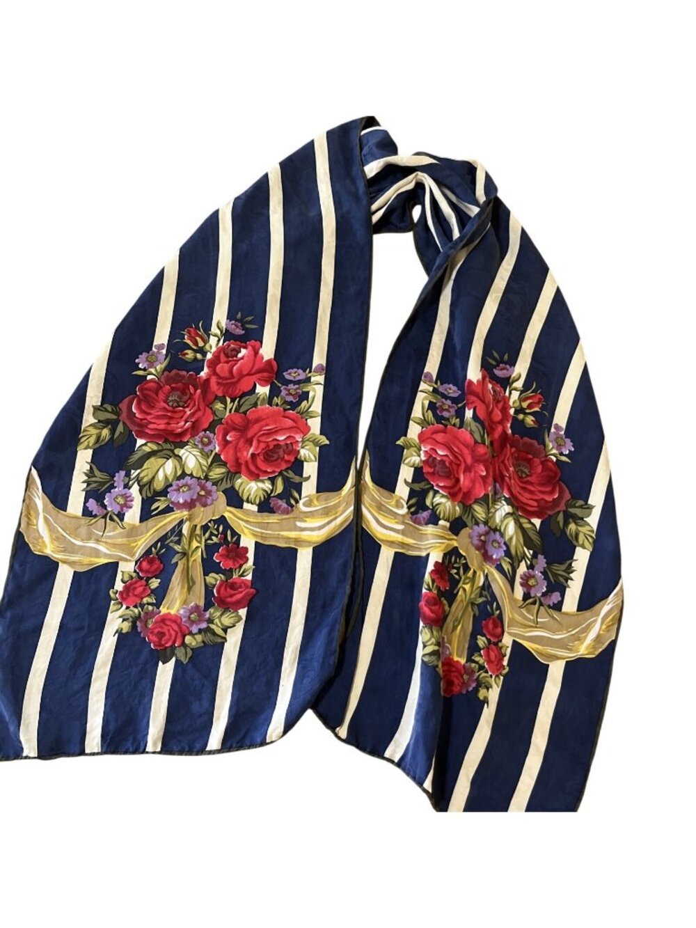 Vintage Silk Scarf Navy Blue Embossed Rose Pattern Cream Stripes Roses 10x48”